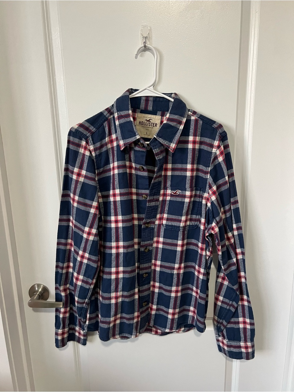 Hollister Navy and Red Plaid Long-Sleeve Button-Down Shirt